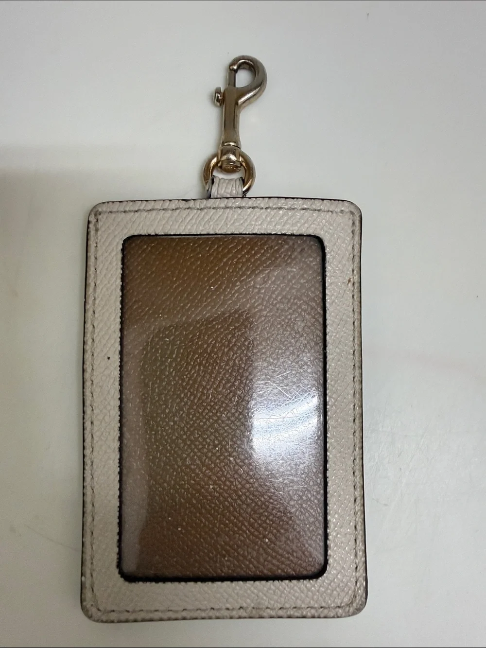 Coach Light Beige Leather Card Holder with Clip and Gold Logo